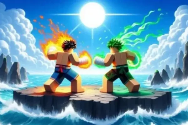 Two characters engage in a fierce battle amidst crashing waves and flames, symbolizing the clash of fire and water.