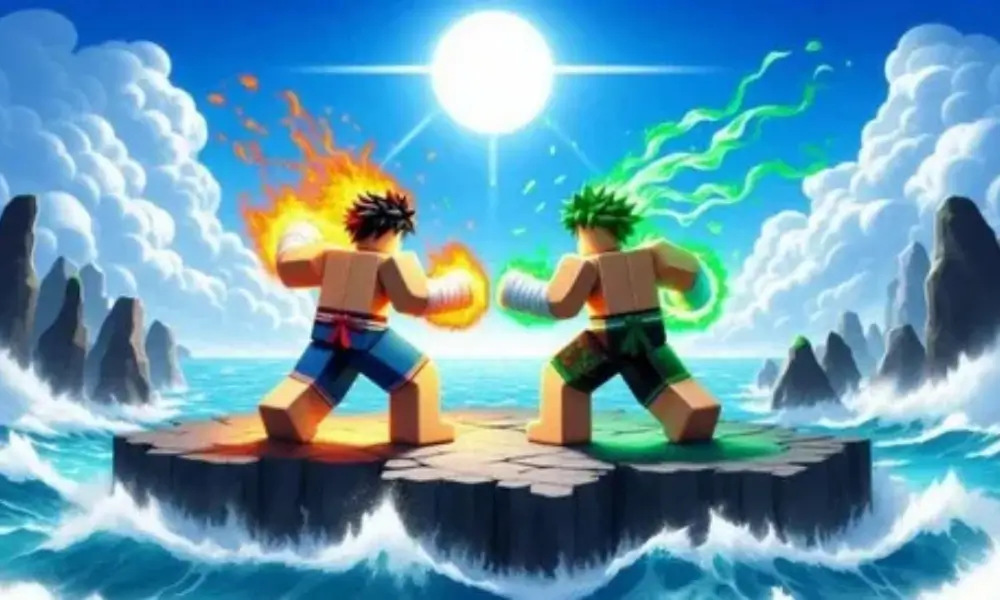 Two characters engage in a fierce battle amidst crashing waves and flames, symbolizing the clash of fire and water.